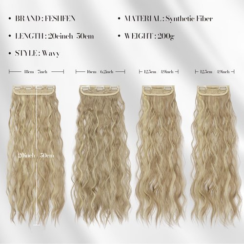 FESHFEN Clip in Hair Extensions 4 PCS Long Wavy Curly Thick Full Head Clip in Hairpieces Synthetic Natural Clip Hair Extension for Women, Dark Ash Blonde Mixed Bleach Blonde 20 inch