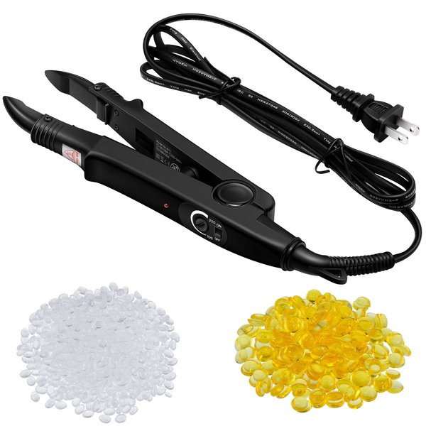 Fusion Hair Extensions Tool US Plug Professional Hair Extensions Tools Fusion Heat Iron Connector Wand U Tip Hair Extensions with 2 Bags Keratin Glue Granule Beads for Hair Extensions, C Head (Black)