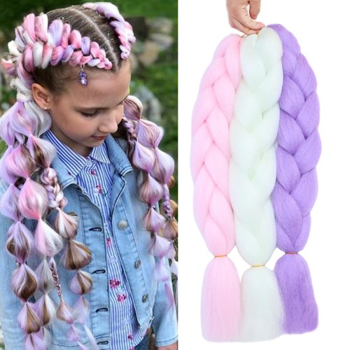 Orgwigs Colorful Kanekalon Braiding Hair Colored Jumbo Braiding Hair Extensions for Braiding 24inch 3pcs Muticolored Synthetic Braiding Hair Glow in the Dark Kanekalon Braid Hair(White/Pink/Purple)