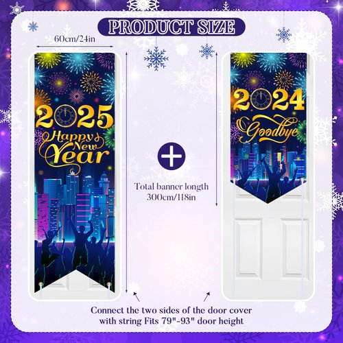 2025 Happy New Year Door Cover Neon Happy New Year 2025 Door Banner 2025 New Year Party Decorations Colorful Firework New Year Eve Party Supplies Double Sided 2024 Good Bye Backdrop for Indoor Outdoor