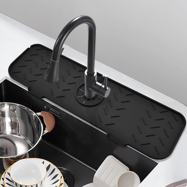 Kitchen Sink Splash Guard, Silicone Faucet Handle Drip Catcher Tray, Kitchen Sponge Holder Faucet Absorbent Sink Protectors Mat for Kitchen Bathroom Sink Accessories 19.7" x 5.6"