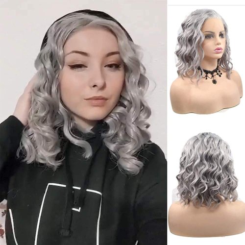 Grey Lace Front Wig for Women Silver Gray Short Curly Wavy Bob Wigs with Natural Hairline Realistic Beach Wave Synthetic Hair Heat Resistant Fiber Hair Replacement Wigs Cosplay Party Daily 14 Inches