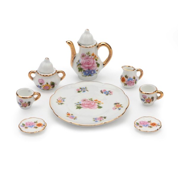 Dollhouse Tea Cup Sets 1:6 Scale Miniature Porcelain Dollhouse Accessories 8PCS Flower Pattern Teapot Platter Dish Sets Dollhouse Kitchen Supplies Decoration (Yellow)
