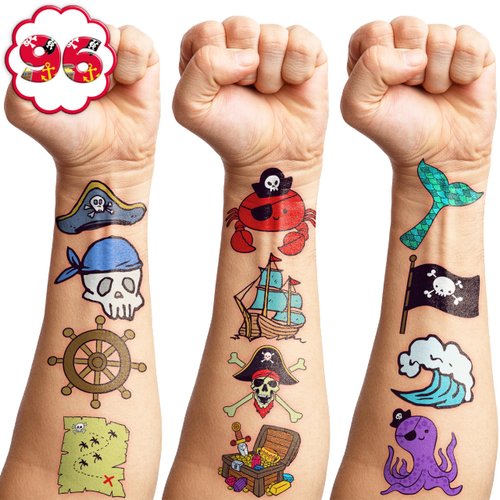 Pirate Temporary Tattoos Birthday Party Supplies Favors Decorations Mermaid Treasure Pirate Ship Captain Cute 96 PCS Tattoos Stickers for Kids Boys School Classroom Rewards Gifts Ideal Halloween