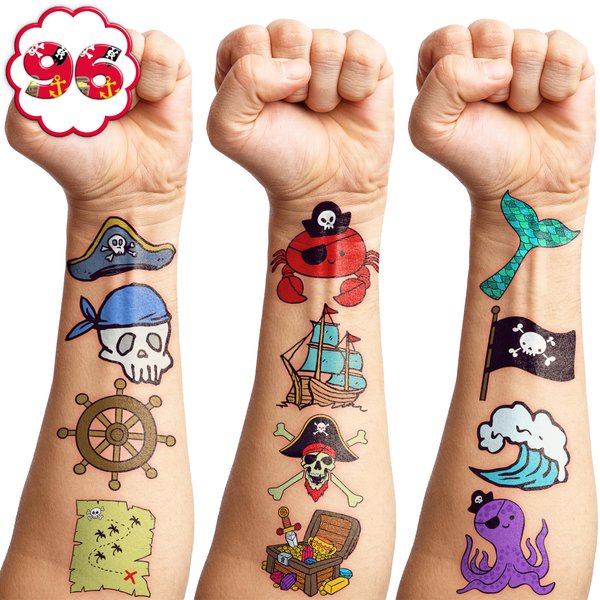 Pirate Temporary Tattoos Birthday Party Supplies Favors Decorations Mermaid Treasure Pirate Ship Captain Cute 96 PCS Tattoos Stickers for Kids Boys School Classroom Rewards Gifts Ideal Halloween