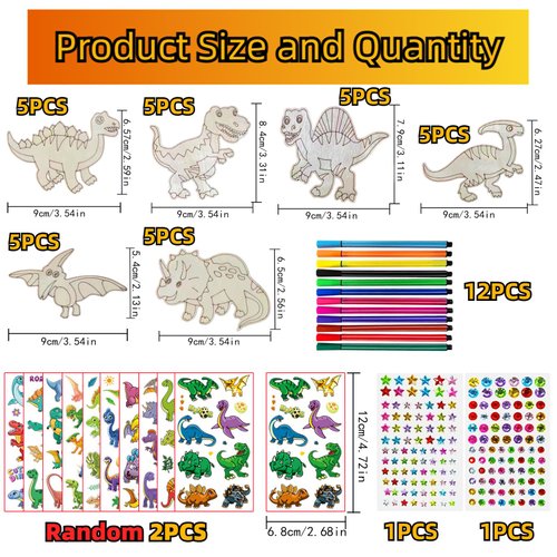 246 Pcs Dinosaur Crafts, Wooden Dinosaurs to Paint, Wooden Painting Crafts for Kids, with 30 Wooden Blocks 202 Rhinestones 12 Color Pens 2 Stickers, DIY Crafts and Birthday Party Gifts for Kids