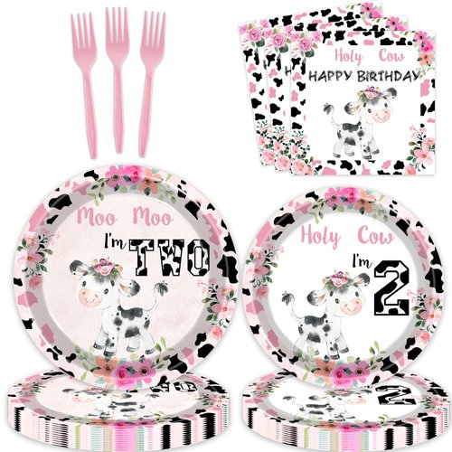 51 Pcs Holy Cow I'm Two Girls Birthday Party Supplies Moo Moo I'm Two Tablecloth Paper Plates Napkins Forks Dinnerware for Farm Animals Cow Theme Girls 2nd Birthday Party Supplies Decorations