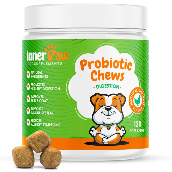 Inner Paw Probiotics for Dogs - Digestive Enzymes for Gut Health, Diarrhea & Bowel Support, Seasonal Allergies, Dog Supplement for Pet Immune System, Dog Vitamin - 120 Soft Chews - Chicken