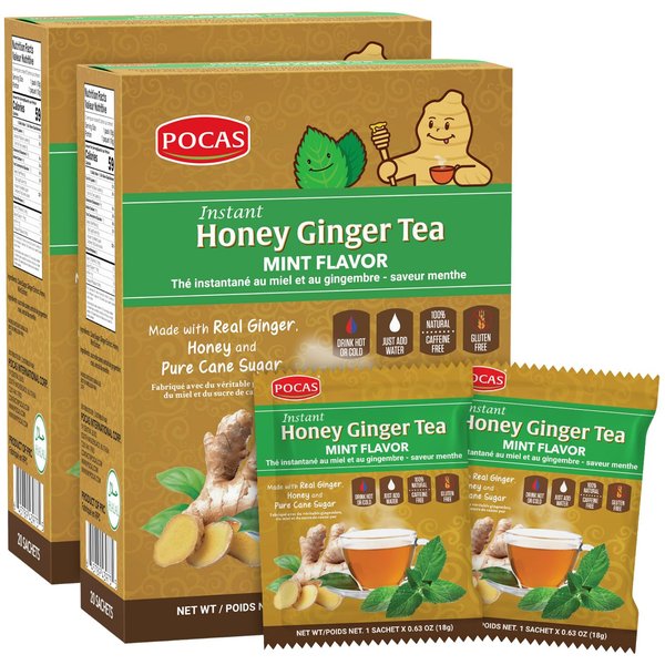 Pocas Honey Ginger Tea - Instant Tea Powder Packets with Mint & Ginger Honey Crystals Tea, Non-GMO/Gluten Free/Caffeine Free Tea, 20 Count (Pack of 2)