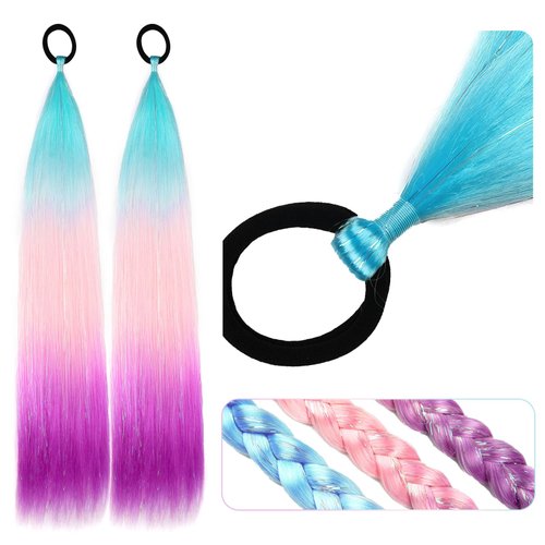 Kids Ponytail Extension With Hair Tie, Purple Pink Blue Ponytail Extension, Crazy Hair Day, Colored Hair Extensions for Kids, Festival Hair, Rave Hair, Ombre Ponytail 2 Packs 25 inch