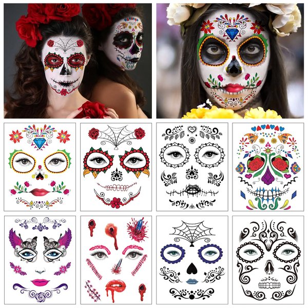 Day of the Dead Face Tattoos, 8 Sheets Halloween Temporary Tattoos, Adult Fake Skeleton Red Roses Full Face Halloween Tattoos Stickers, Women Men Makeup Kit for Dancing Party Favor Supplies