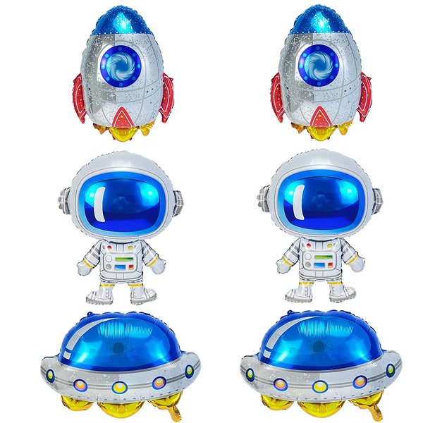 Happyay 6 Pcs Space Balloons Astronaut Balloons Rocket Flying Saucer Mylar Foil Balloons for Kids Planet Themed Party Supplies Baby Shower Birthday Decorations, JJ-006