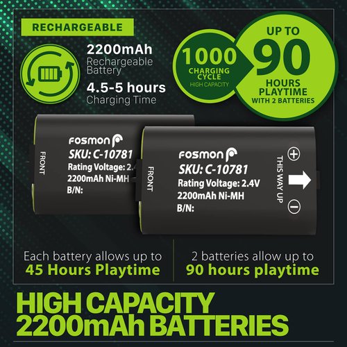 Fosmon 5280 mWh Rechargeable Xbox Battery Charger Kit with 2-Pack 2200 mAh Batteries & Dual-Slot Rapid Charger Station for Xbox Series X/S, Xbox One/One X/One S Elite Controller
