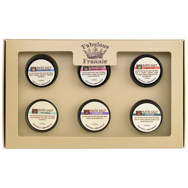 Fabulous Frannie Bath Salt Sampler Wellness Kit - All Natural ingredients and Pure Essential Oils includes Easy Breathzy, Muscle Ice, Lavender, De-Stress, Moody Girl and Tension 1oz (Pack of 6)