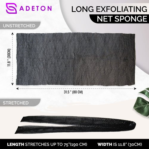 Adeton African Exfoliating Net Sponge, Authentic, Black Owned, Body Scrubber, Long Net Sponge, Body Exfoliator, Sapo, Shower Bath Accessories, Back Foot Scalp Scrub, Flat Dead Skin Remover (Black)
