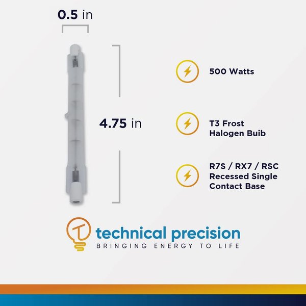 Replacement for Lowel Tota-Light 120v 500w Light Bulb by Technical Precision - T3 500 watt Halogen Bulb with R7S / RSC / RX7 Base - 120V 3200K Frost Double Ended 500W Bulb - 1 Pack