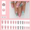 Coffin Press on Nails Medium Dark Pink French Tip Fake Nails Press ons, Full Cover Flase Nails with Glitter Flower Designs Artificial Long Acrylic Glue on Nails for Women 24 Pcs