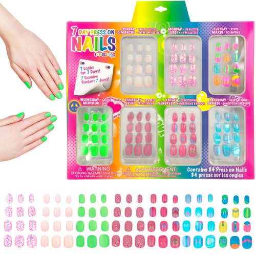 Expressions Girl 7 Day Manicure Collection - 84PC Press On Nail Set, Day-of-The-Week Adhesive False Nails for Girls (Set of Brights or Pastels) – Colorful Novelty Designs Stick On Nails for Kids