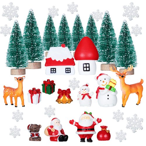 Sumind 41 Pieces Mini Assorted Pine Trees Christmas Miniature Ornaments Bottle Brush Trees with Snowmen, Reindeer, Miniature Ornaments for Christmas Party Decorations