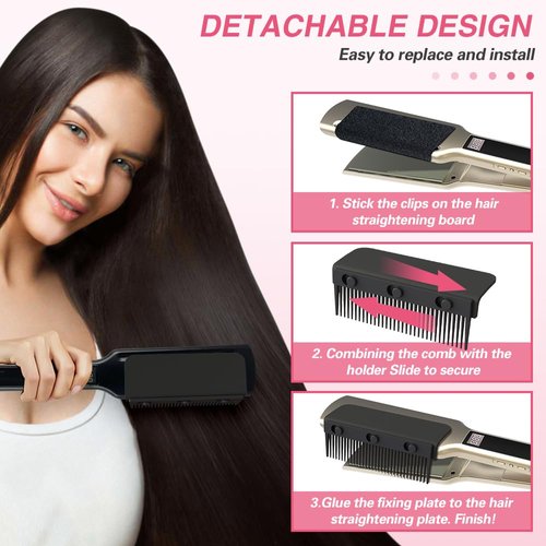 Flat Iron Comb Attachment to Clip On, Flat Iron Hair Straightener Accessory, Comb Attachment for Flat Iron Used at Home and Salon for Hair Styling (Pink)