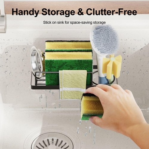 iSPECLE Sponge Holder for Kitchen Sink - 3-in-1 Kitchen Sink Organizer, Adhesive Kitchen Sink Caddy, Dish Sponge Holder for Saving Space, Black