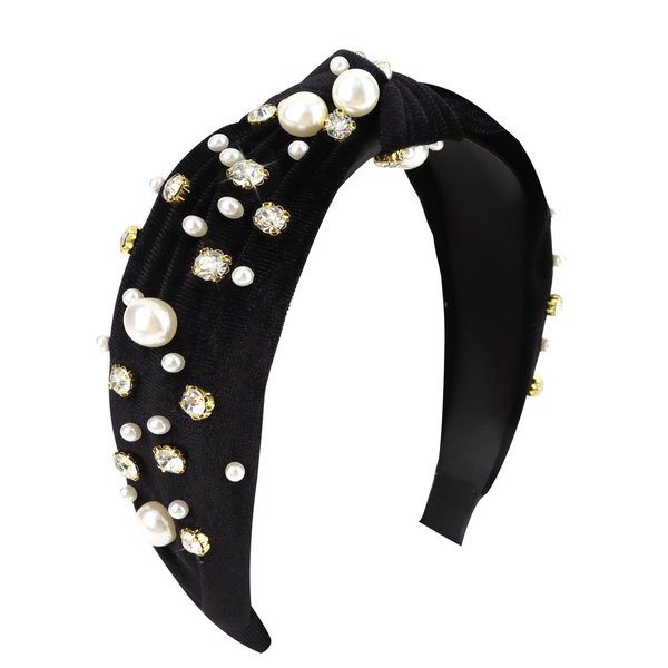 Ondder Black Knotted Headband for Women’s Hair Top Knot Velvet Womens Headband Shiny Rhinestone Headband Fashion Jeweled Pearl Headband Rhinestone Hair Accessories for Women