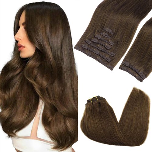 GOO GOO Clip in Hair Extensions Real Human Hair, 14inch 150g 9Pcs, 4A Chocolate Brown, Remy Human Hair Extensions Clip ins for Women, Natural Human Hair