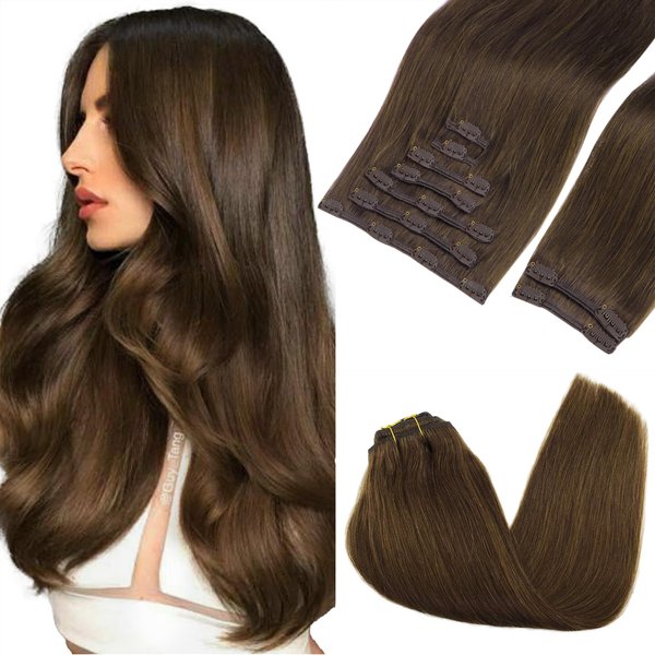 GOO GOO Clip in Hair Extensions Real Human Hair, 14inch 150g 9Pcs, 4A Chocolate Brown, Remy Human Hair Extensions Clip ins for Women, Natural Human Hair