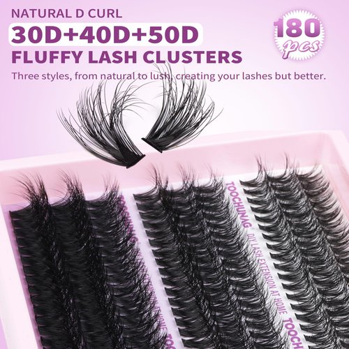 TOOCHUNAG Fluffy Lash Clusters Kit Wispy Lash Extension Kit DIY 30+40+50D Cluster Eyelash Extensions Kit 10-18mm D Curl Eyelash Clusters with Individual Lashes Bond and Seal