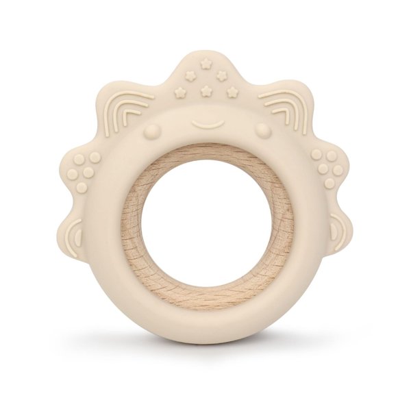 Arudyo Baby Teething Toys Silicone Teethers with Wooden Ring Baby Teether Sensory Toys (Dinosaur Beige)