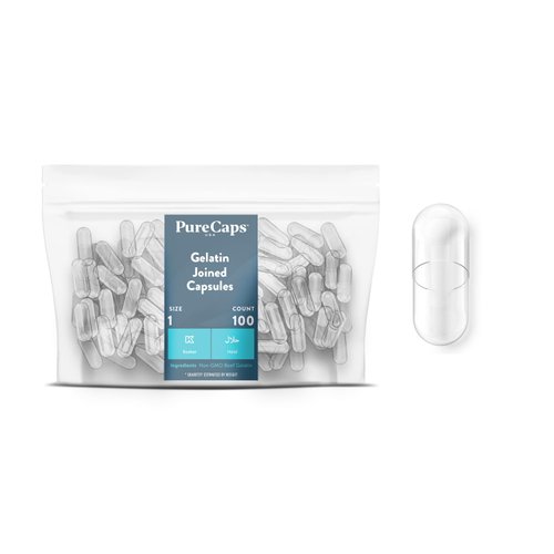 PureCaps USA - Empty Gelatin Capsules Size 1| 100 Joined Pills| Clear| Non-GMO Certified | SLS, Gluten, Preservative Free