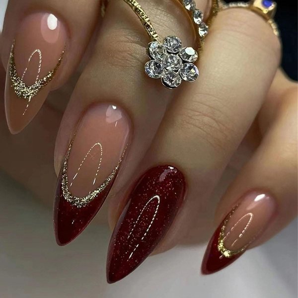 DOCVOEOMH Almond Shaped Press on Nails Medium French Burgundy Acrylic Fake Press Ons Nails with Gold Glitter Design Glue on Full Cover Artificial False Stick on Nail for Girls Women Daily Wear 24PCS