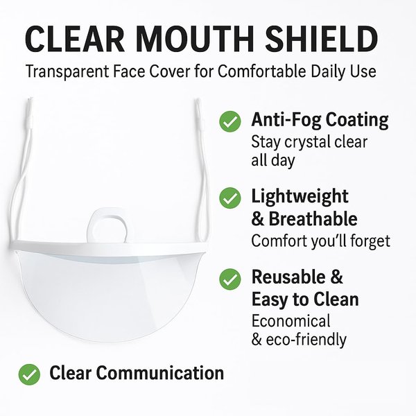 [Set of 20] Transparent Mouth Shield Chin Mask Set - Reusable, Anti-Fog, Sanitary Face Shield for Restaurants, Cafes, and Food Preparation
