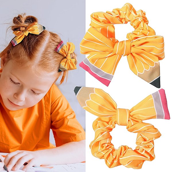 2PCS Back to School Hair Scrunchies for Women, Yellow Pencil Hair Bows for Girls Cute Hair Ties Elastic Ponytail Holder Hair Accessories for Kids Students Teacher Outfits School Sports Cheerleading
