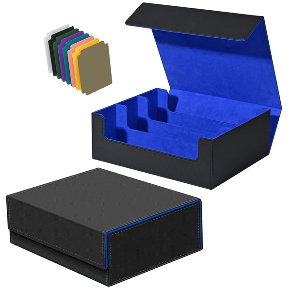 OurMiao Trading Card Storage Box 1800+ Capacity, PU Leather MTG Deck Box with Magnetic Closure, Commander Deck Box Baseball Card Organizer for TCG Yugioh Pokemon Sports Cards (Black & Blue)