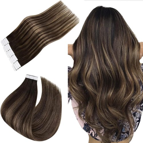 Easyouth Tape in Extensions Human Hair Balayage Darkest Brown Ombre Ash Brown Tape in Human Hair Extensions Invisible Glue in Hair Extensions Human Hair 14inch 40g 20pcs