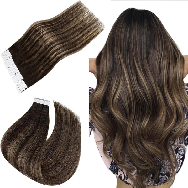 Easyouth Tape in Extensions Human Hair Balayage Darkest Brown Ombre Ash Brown Tape in Human Hair Extensions Invisible Glue in Hair Extensions Human Hair 14inch 40g 20pcs