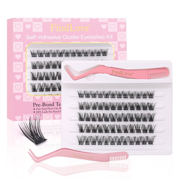 FindLove Fluffy Eyelash Clusters No Glue Lashes Press on Lashes Self Adhesive Eyelashes Pre-glued Glueless Lashes Clusters Waterproof Extensions Kit Natural Lash(PRE26)