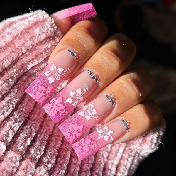 Pink Flower Press on Nails Long Square Fake Nails French Tip Nail Art Decor Coffin Nails Rhinestone Flower Design Acrylic Nails Glitter Glue on Nails Tube Shape Stick on Nails for Women Girls 24 Pcs