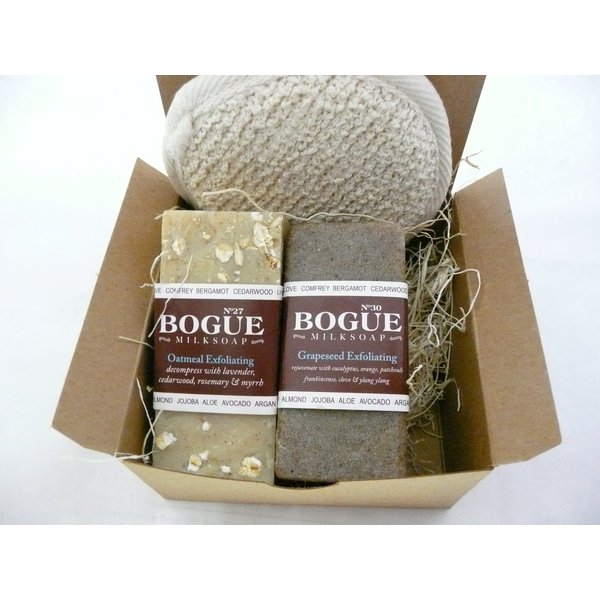 Handmade Goat Milk Soap Exfoliating Bar Gift Set- BOGUE No.27 Oatmeal W Cedarwood, Lavender, Rosemary & Myrrh & No.30 Grapeseed-refresh W Eucalyptus, Clove, Ylang Ylang, & Orange. Loafa Included.
