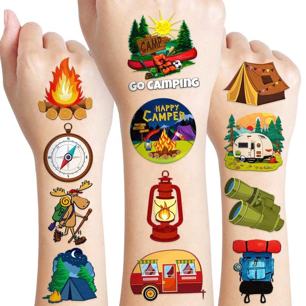 107 PCS Fire Camp Camping Temporary Tattoos Sticker Camping Birthday Party Decorations Favors Supplies Decor Gifts Boys Girls Baby Shower Men Women Cute Fake Tattoo School Prizes Carnival Themed