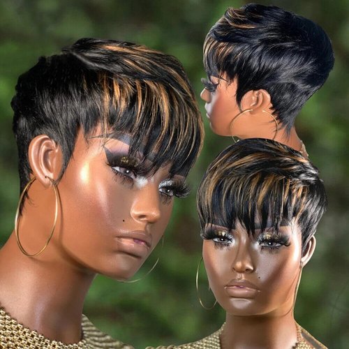 Bulapla Short Bob Wigs for Black Women Human Hair Wig Ombre Pixie Cut Wig with Bangs Layered Glueless Wig Full None Lace Machine Made Wig 1B/33 Color 130% Density