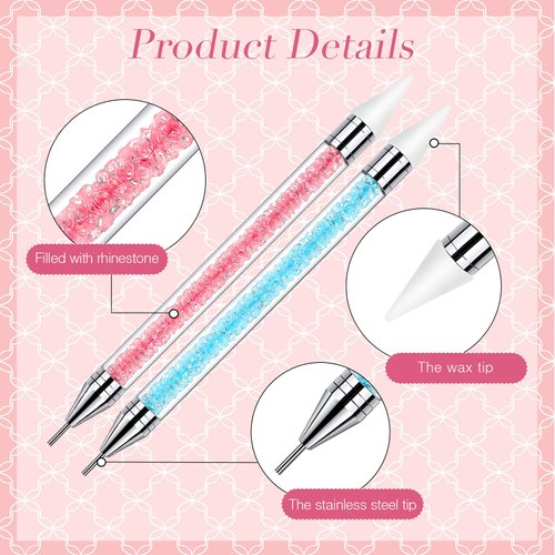 Tatuo 4 Pcs Dual-ended Rhinestone Picker Tool Handle Rhinestones Applicator with 20 Replacement Wax Tips Wax Pencils Painting Dotting Pens with 2 Tweezers for DIY Nail Art Crafts Gems (Elegant Color)