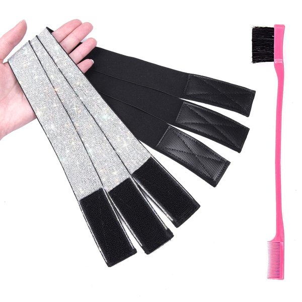 AliLeader 3Pcs Elastic Bands for Wig Edges,Edge Wrap to Lay Edges,Lace Melting Band with 1Pcs Hair Edge Brush,Edge Laying Band for Baby Hair,Elastic Band for Lace Frontal Melt (4Pcs/Pack,Silver)
