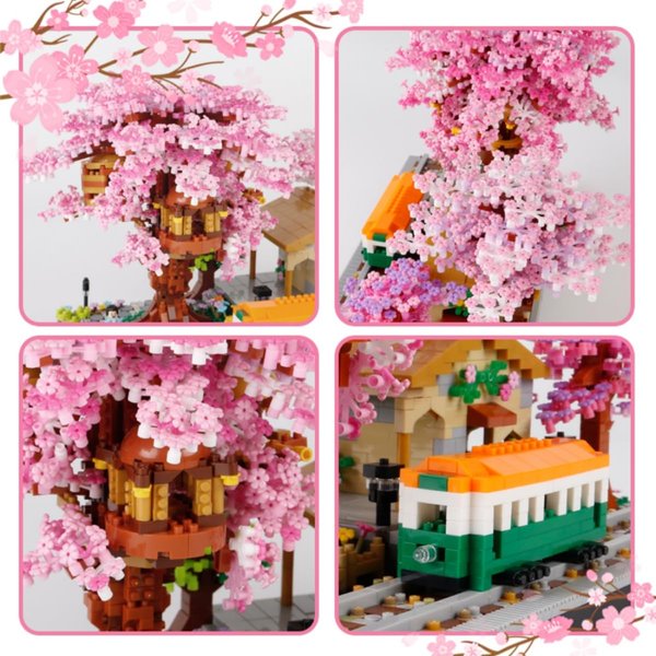 YBLOCK Cherry Blossom Bonsai Tree Micro Building Set, 3668Pcs Japanese Sakura Train Station Model Kits for Kids 12-14, Flowers House Mini Bricks Building Kit, Creative Gift for Adults