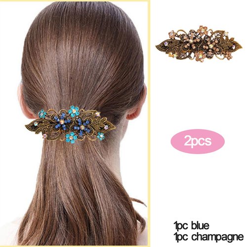 iRIIRIO 2pcs Hair Metal Barrettes with Rhinestone Hair Bronze Metal Spring Clips for French Hair Style for Women Girls (Blue+Champagne)