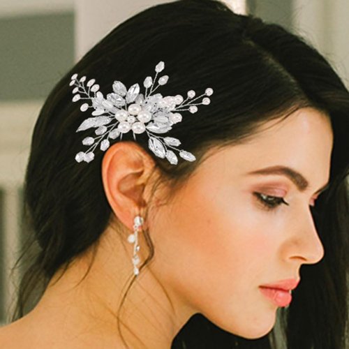 Latious Pearl Bride Wedding Hair Pins Silver Crystal Bridal Hair Clip Leaf Hair Piece Rhinestone Hair Accessories for Women and Girls