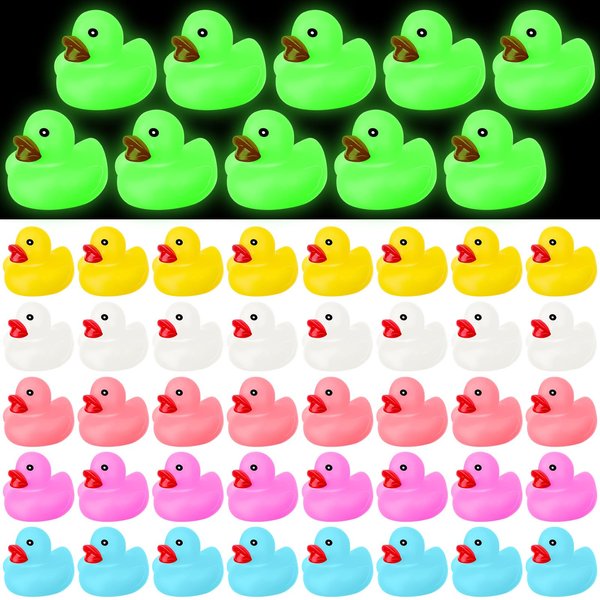 Chitidr Glow in The Dark Rubber Ducks 2.2'' Luminous Mini Rubber Duck Fluorescent Tiny Ducks Light up Floating Squeaky Bathtub Toys for Baby Showers Summer Beach Pool Party Games(50 Pcs, Colorful)