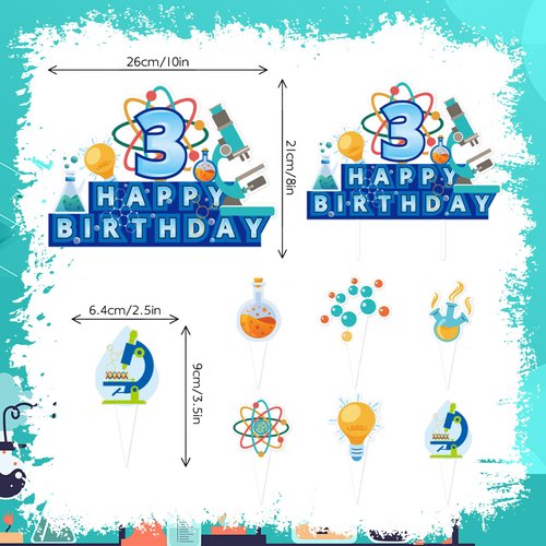 25pcs Science 3rd Birthday Party Supplies, Chemistry School Cupcake Toppers Decorations, Scientis tlaboratory Theme Happy Birthday Kids Cupcake Toppers Decoration (3rd)