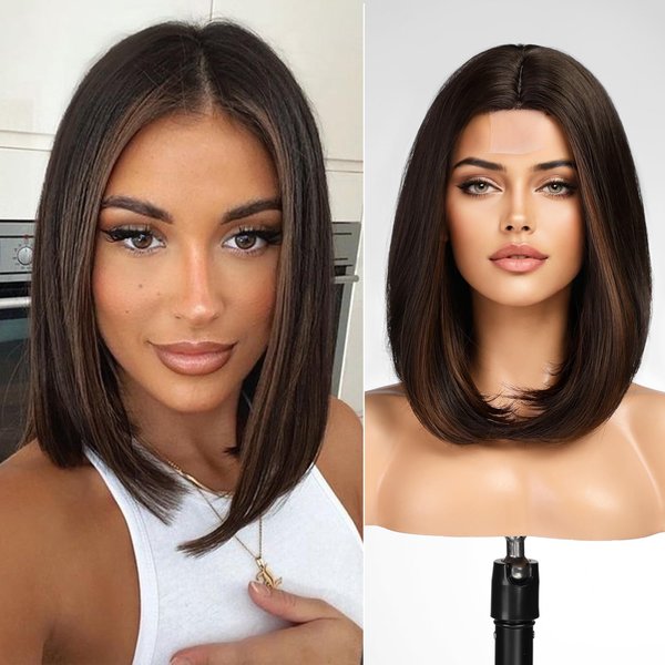 KOME Dark Brown Short Bob Wigs,Brown Straight Shoulder Length Wigs for Women,Middle Part Heat Resistant Fibre Synthetic Wig Daily Use…